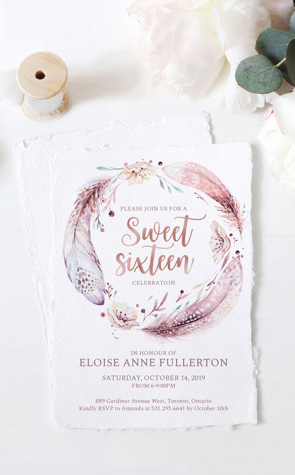 Sweet sixteen birthday party invitation with feather and floral wreath design