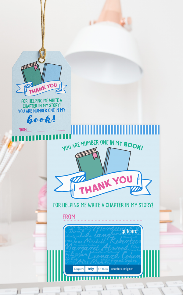 Teacher thank you card with Chapters gift card and matching thank you tags