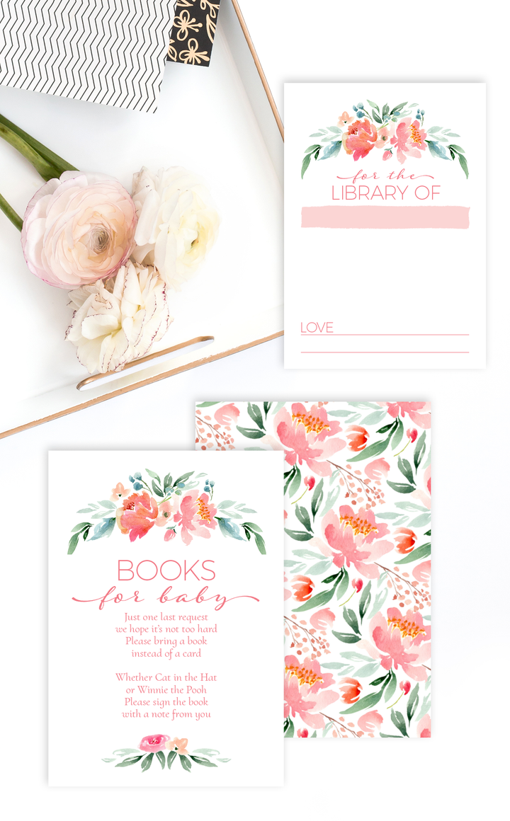 Pink floral book labels and invitation "Books for Baby" insert cards for baby shower