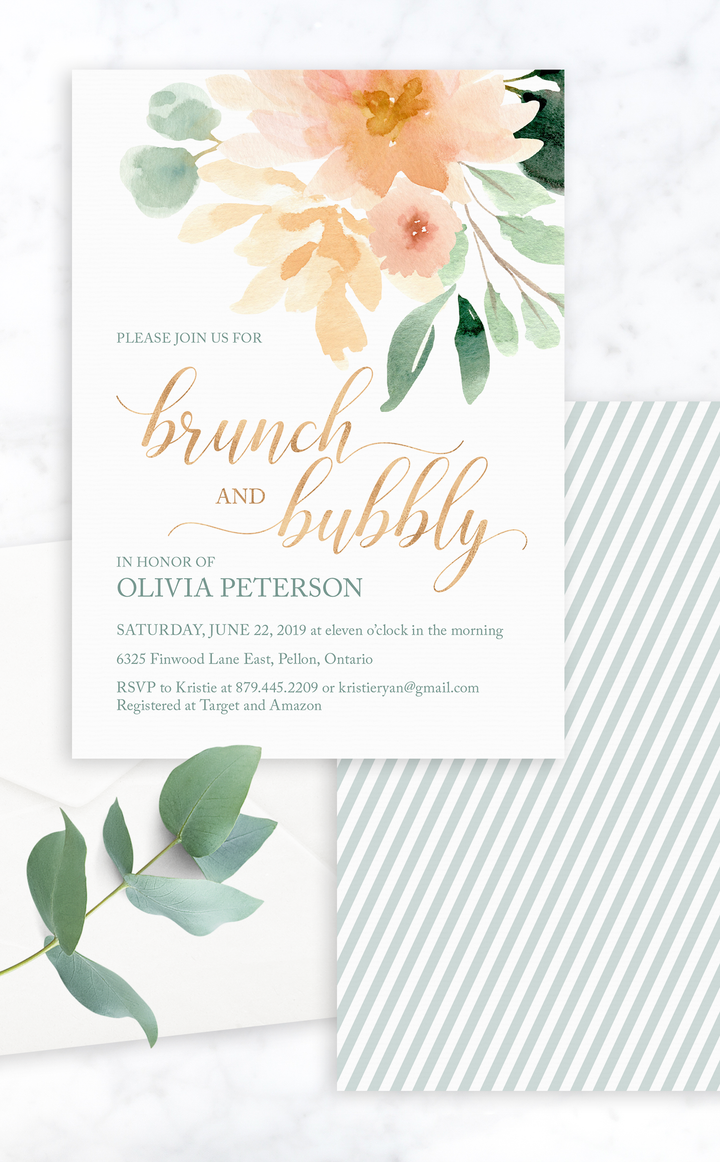 Brunch and bubbly bridal shower invitation with gold peach floral design