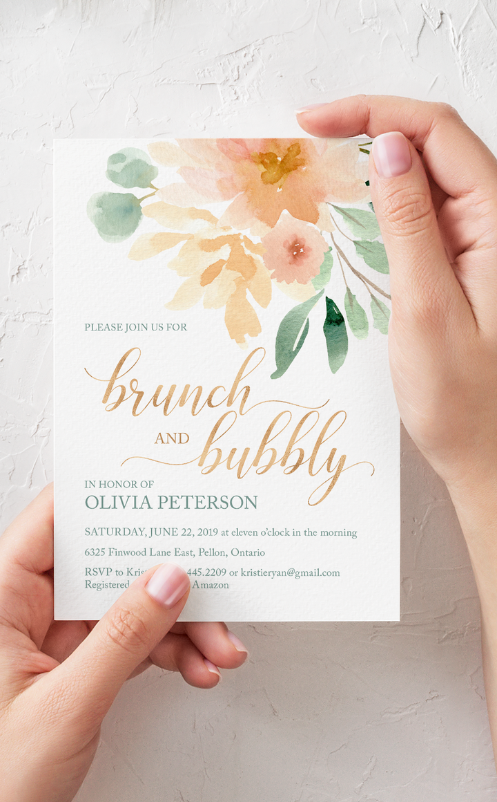 Brunch and bubbly bridal shower invitation with gold and peach floral design