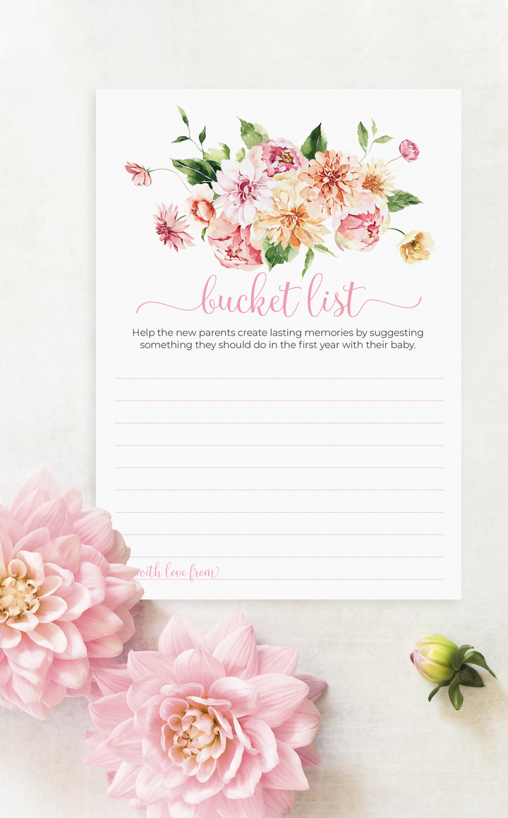 Pink Floral Bucket List Baby Shower Cards - ARRA Creative