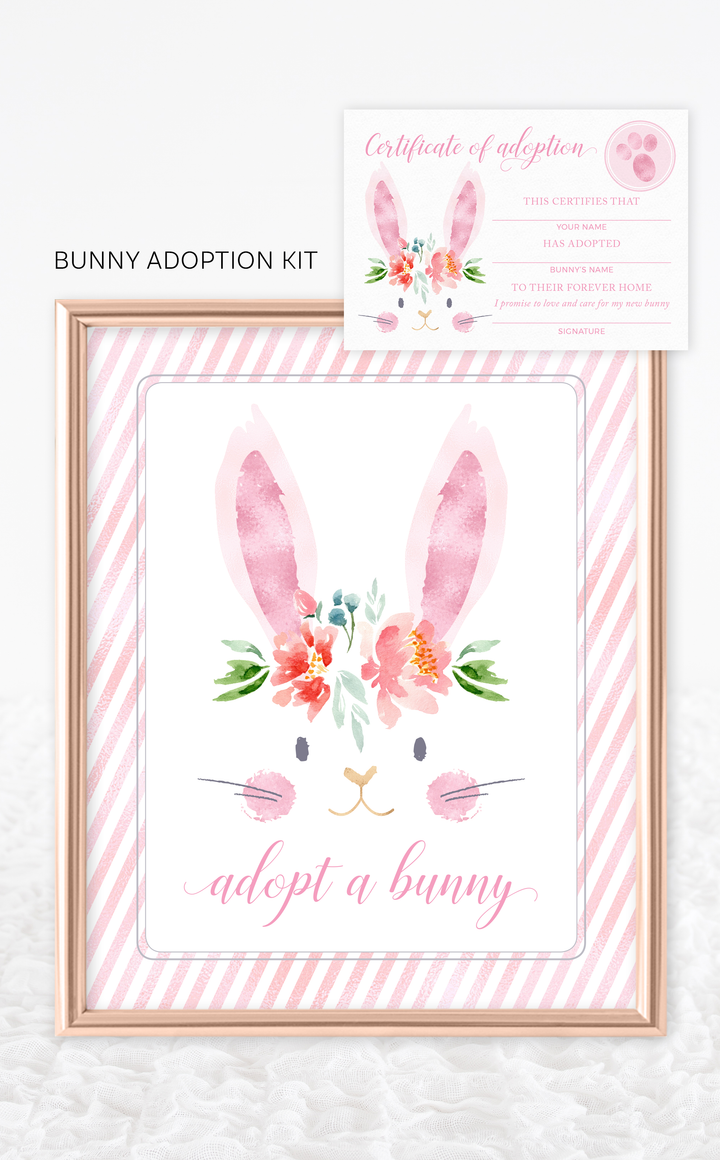 Pink adopt a bunny sign and adoption certificates for girl bunny birthday party