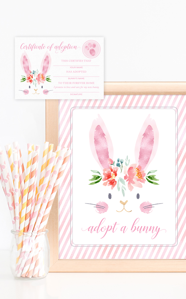 Pink adopt a bunny sign and adoption certificates for girl bunny birthday party