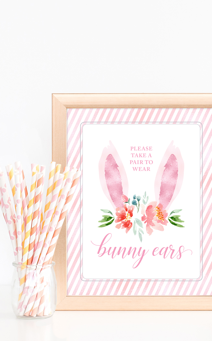 Pink bunny birthday party sign for bunny ears party favors
