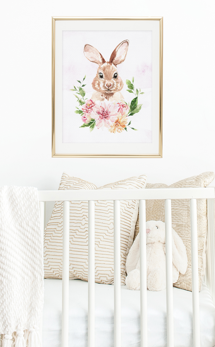 Bunny art print with pink floral bouquet for baby girl nursery decor or Easter decorations