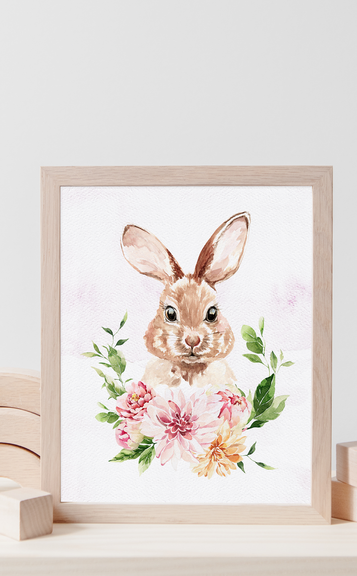 Bunny art print with pink floral bouquet for baby girl nursery decor or Easter decorations