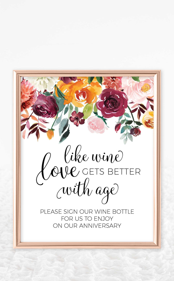 Burgundy Floral Wine Bottle Guest Book Sign - ARRA Creative