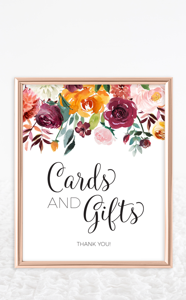 Burgundy floral cards and gifts sign on display at bridal shower