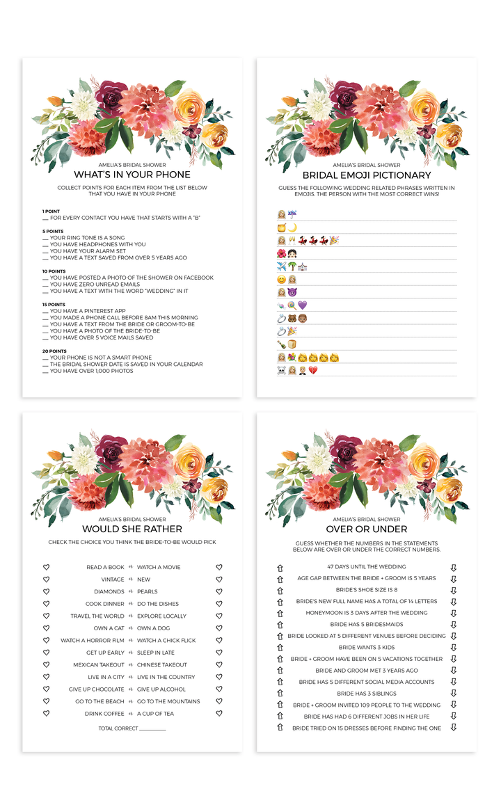 Printable Burgundy Floral Bridal Shower Games Bundle - ARRA Creative