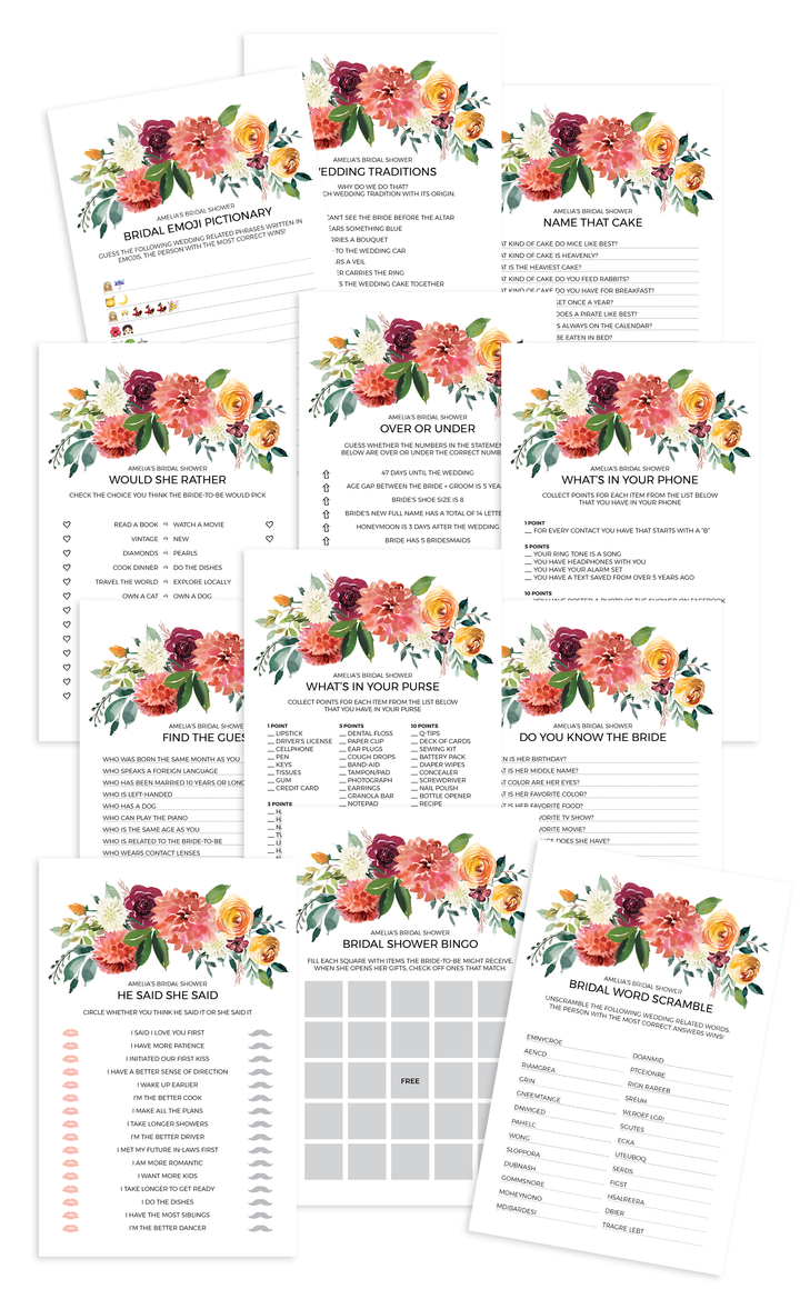 Set of 12 printable Bridal Shower games with Burgundy Floral design