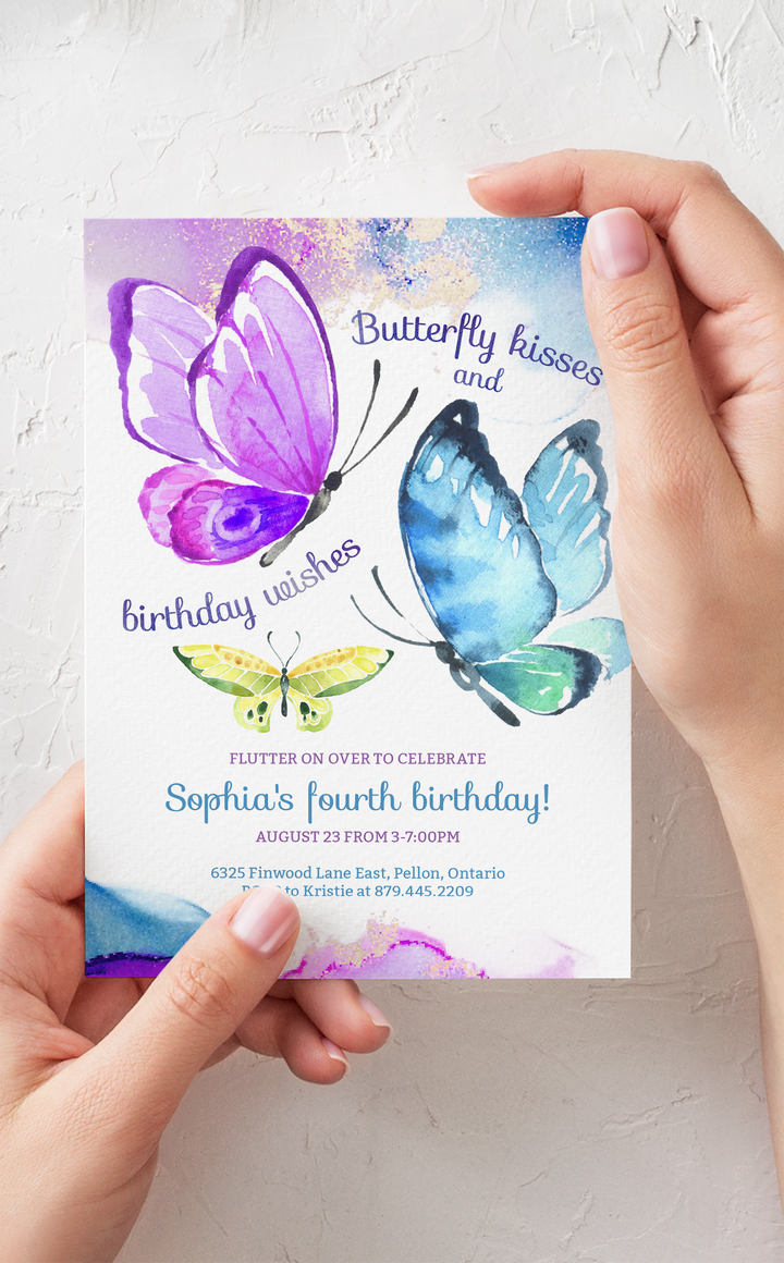 Butterfly birthday party invitation - butterfly kisses and birthday wishes