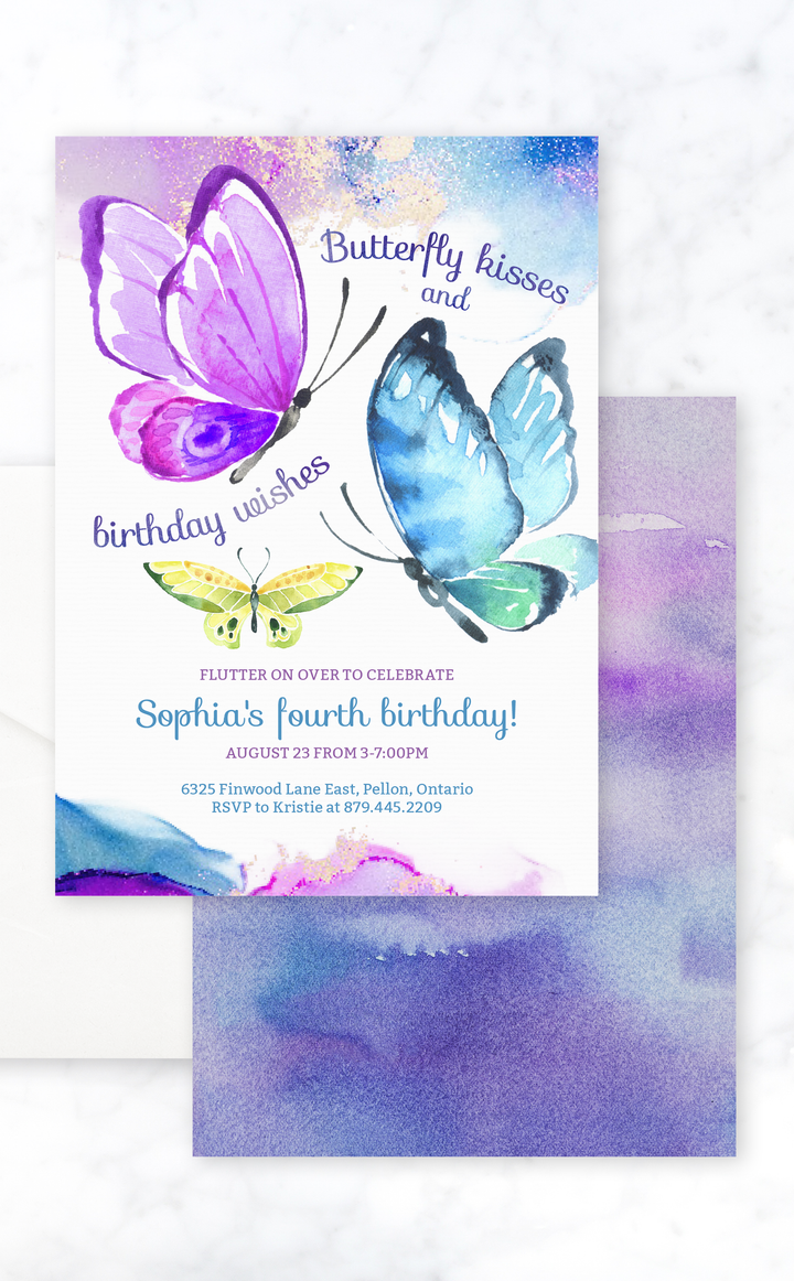 Whimsical butterfly birthday party invitation with purple, blue and yellow butterflies