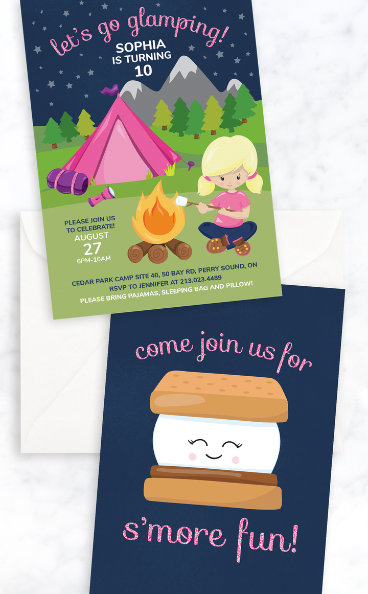 Camping invitation for girl birthday party with pink tent, campfire and s'more design