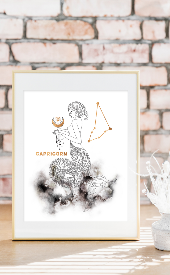 Capricorn Zodiac Sign Print with Capricorn Constellation in black and gold