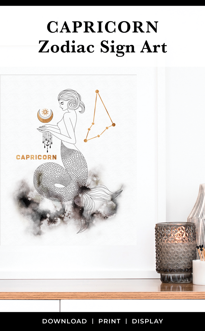 Capricorn Zodiac Sign Print with Capricorn Constellation in black and gold