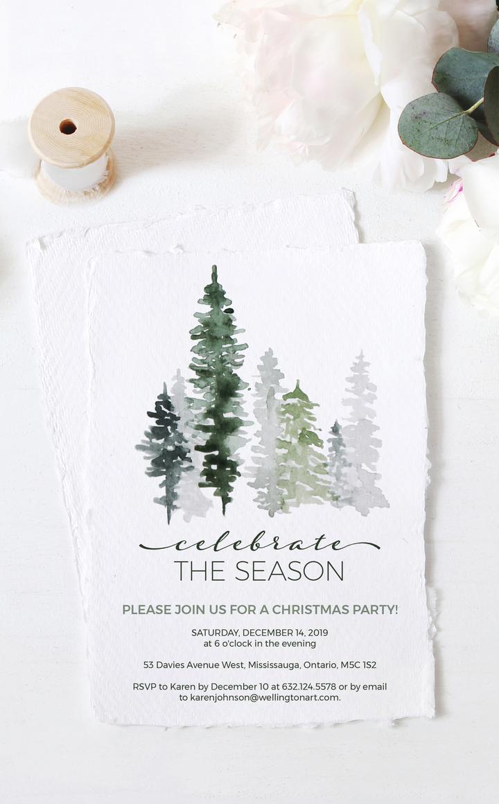 Evergreen Trees Celebrate the Season Christmas Party Invitation - ARRA Creative