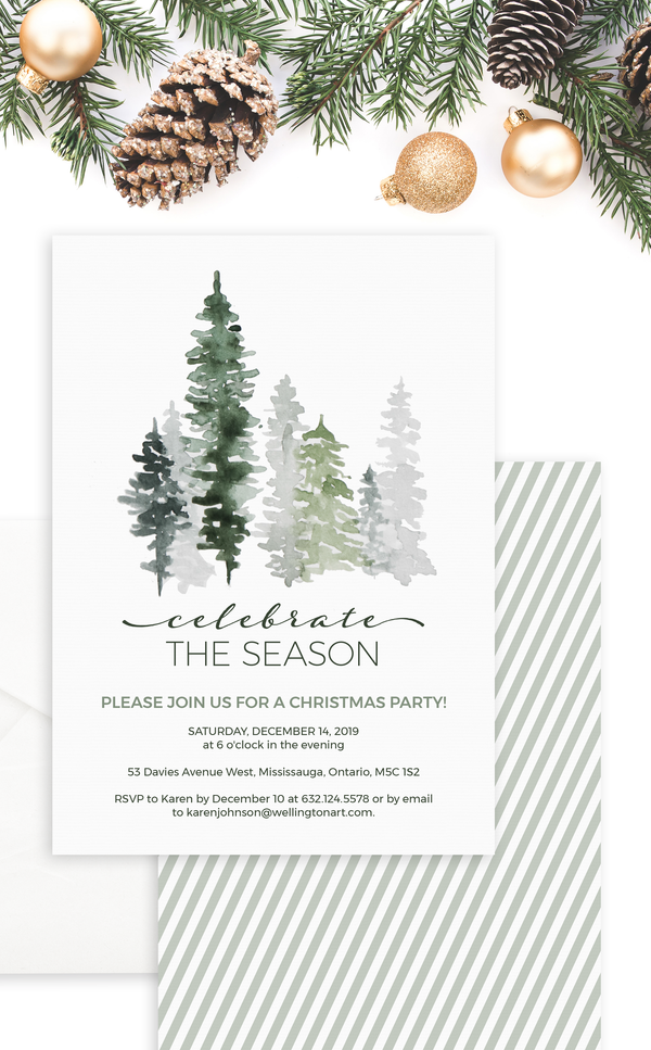 Seasonal Christmas party invitation with Evergreen Trees