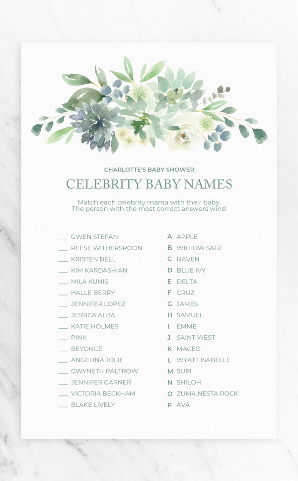 Succulent Celebrity Baby Names Baby Shower Game - ARRA Creative