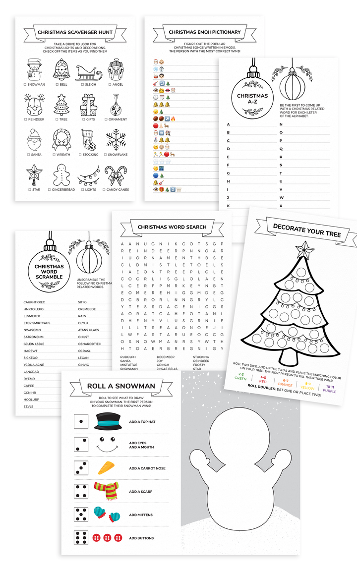 Printable Family Christmas Games Package including Christmas Scavenger Hunt and Roll a Snowman Game
