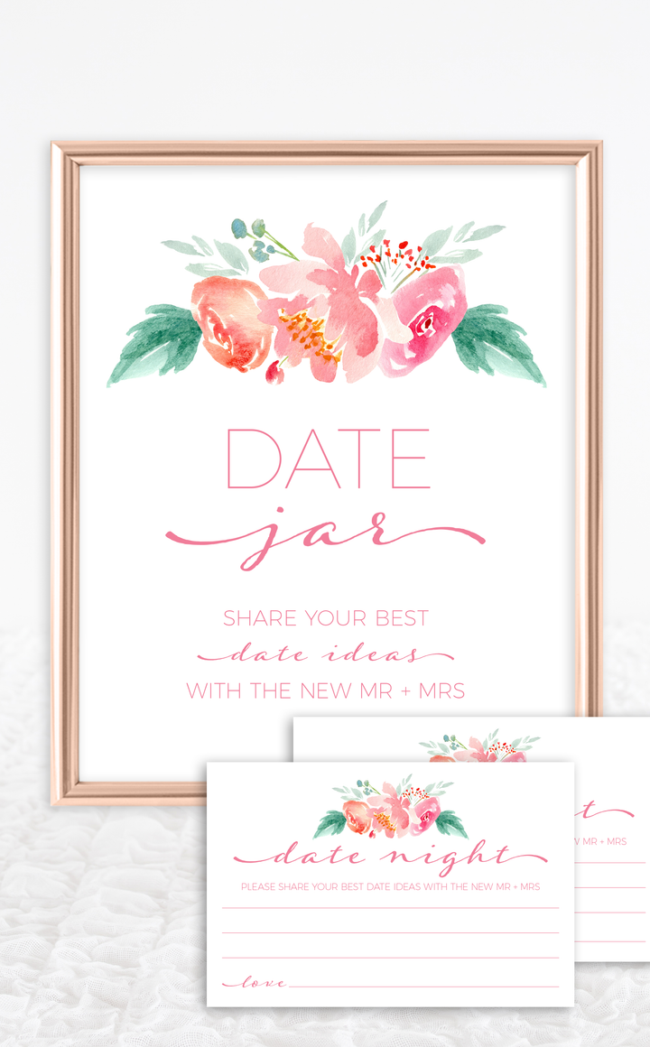 Date Jar sign and matching date night cards for pink bridal shower 