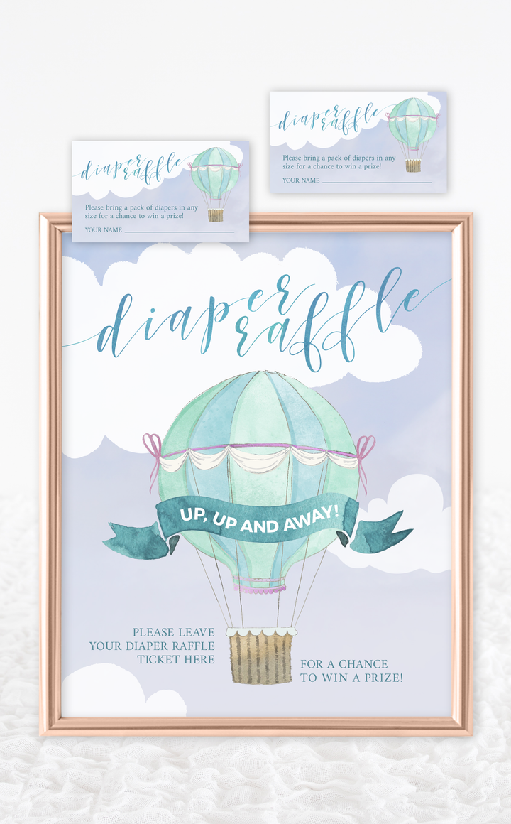 Hot air balloon diaper raffle sign and tickets for Baby Shower