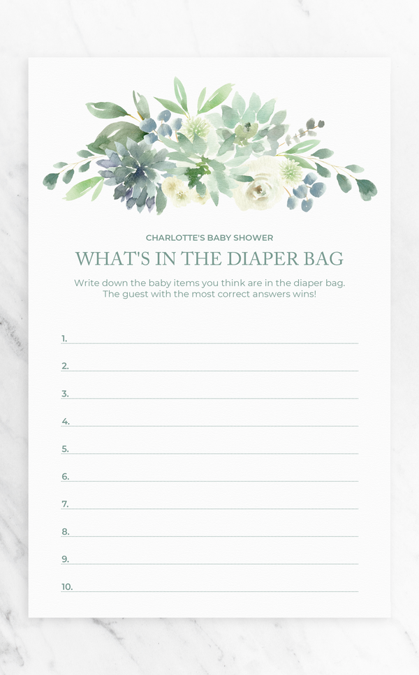 Succulent Baby Shower Game - What's in the Diaper Bag