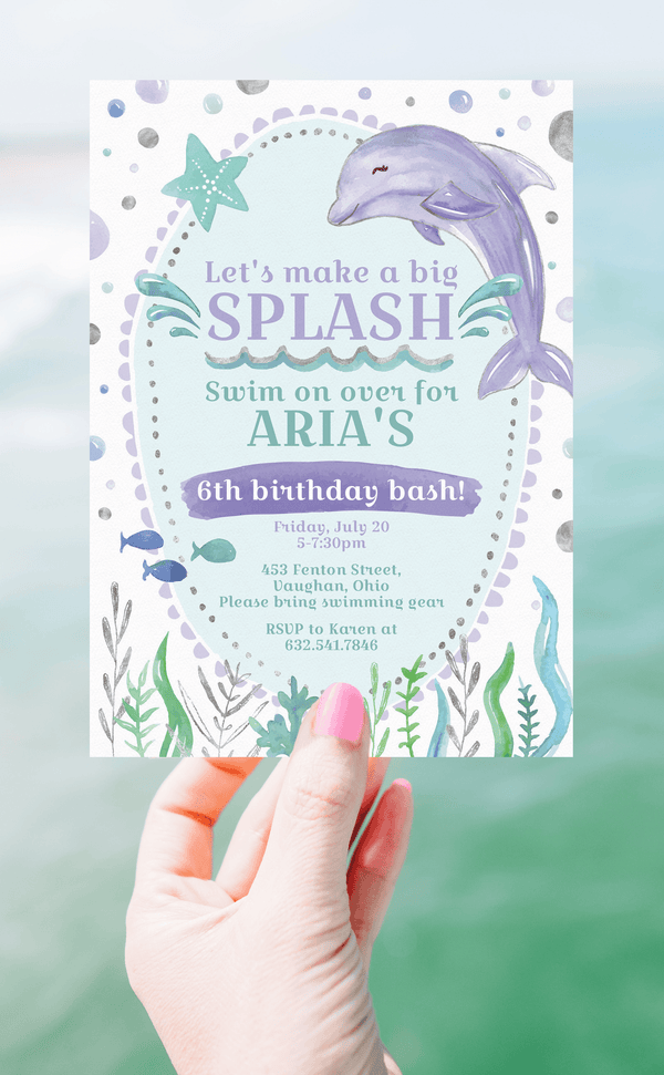 Dolphin Birthday Party Invitation for Pool Party | Purple and Teal Under the Sea Girl BirthdayParty