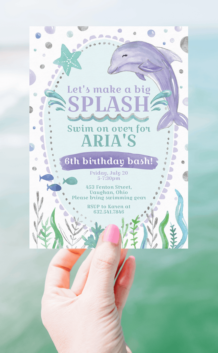 Dolphin Birthday Party Invitation for Pool Party | Purple and Teal Under the Sea Girl BirthdayParty