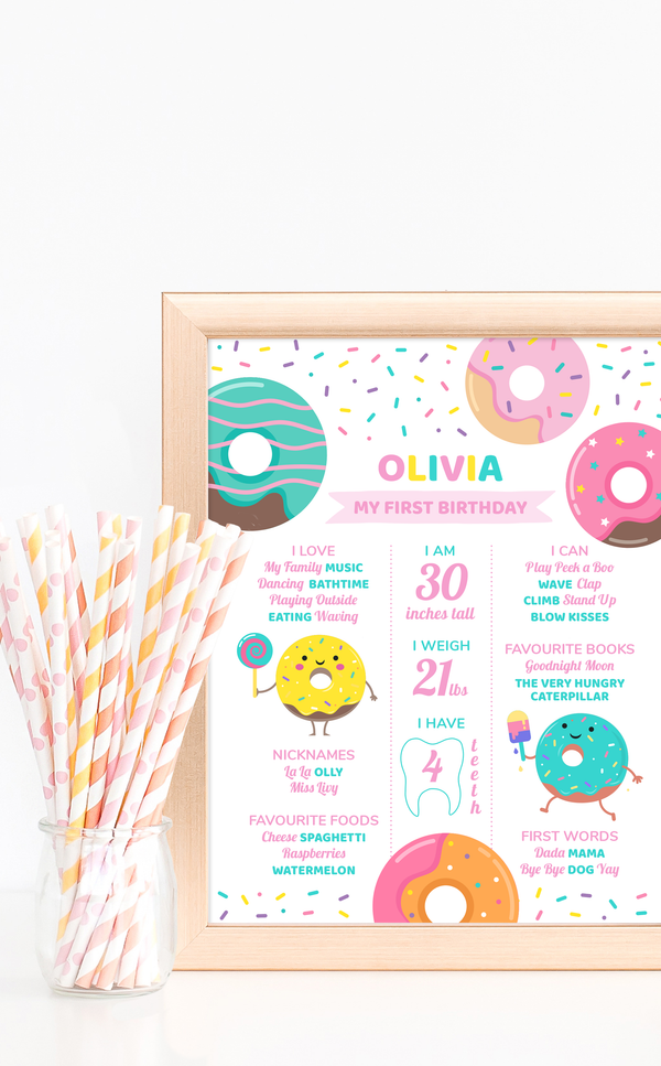 Donut First Birthday Party Milestone Poster - ARRA Creative
