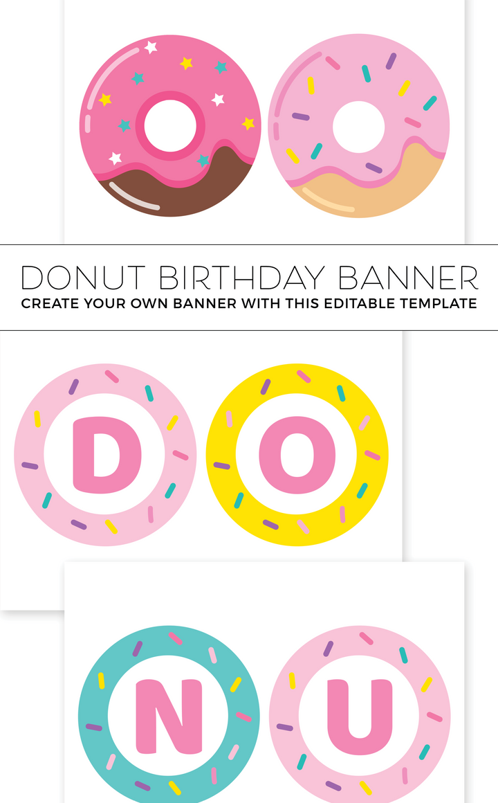 Donut birthday party banner for kids, pink, yellow and teal