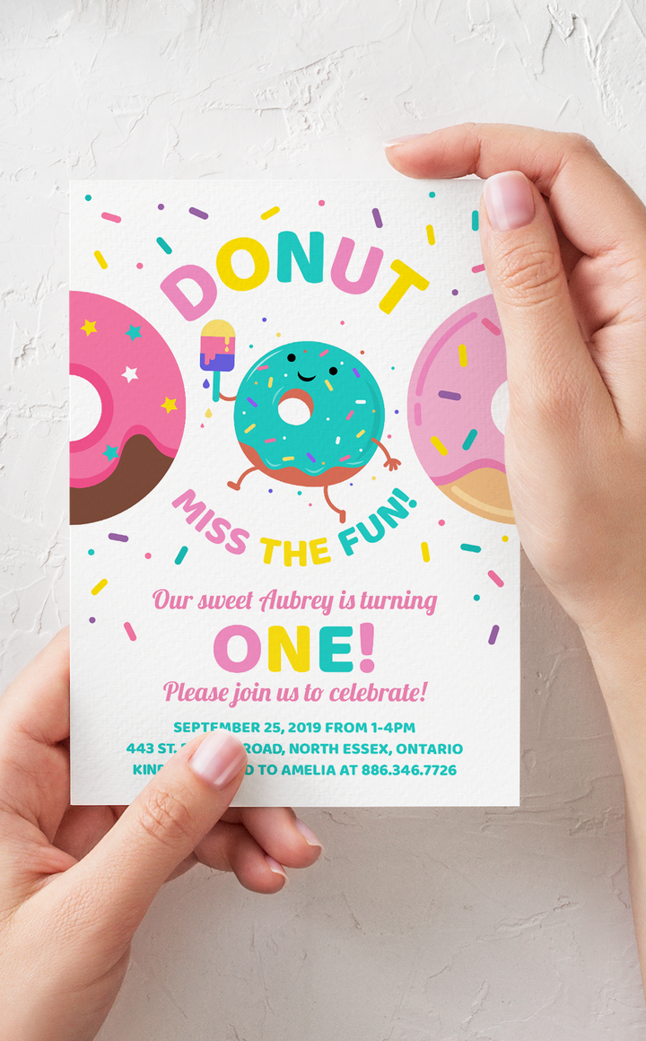 Donut Birthday party invitation for kids in pink, teal and yellow