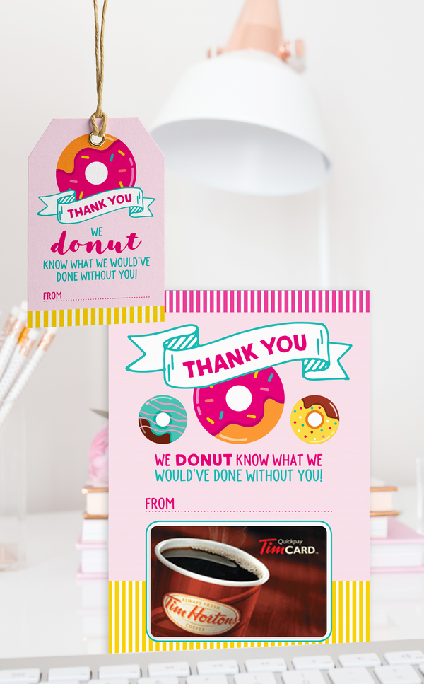 Teacher thank you card with Tim Hortons gift card and matching thank you tags