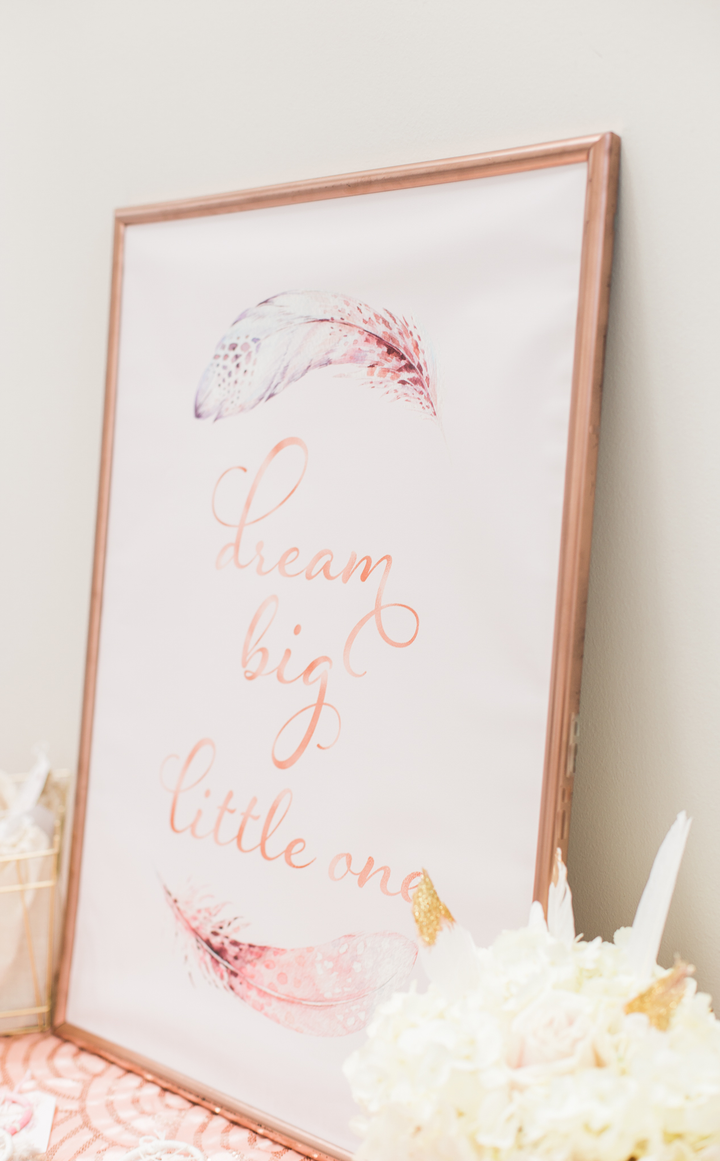 Dream Big Little One nursery art with feathers and rose gold script
