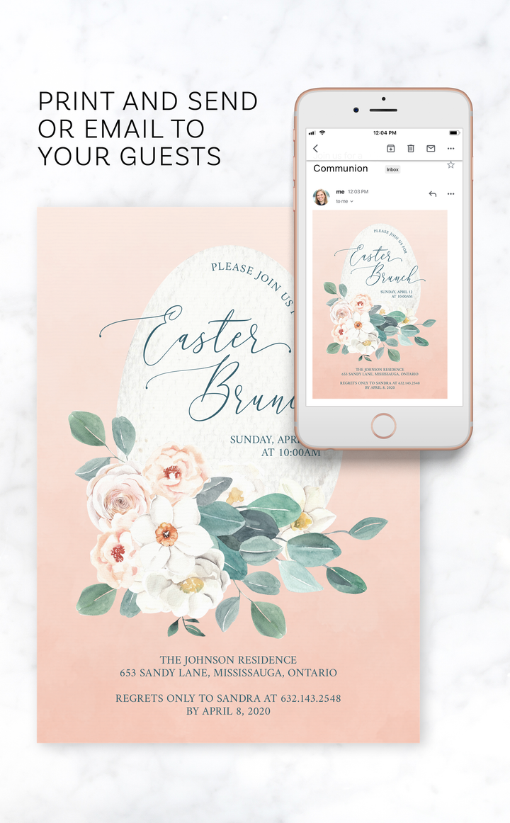 Printable invitation for Easter brunch with delicate Spring floral bouquet, egg and peach ombre design