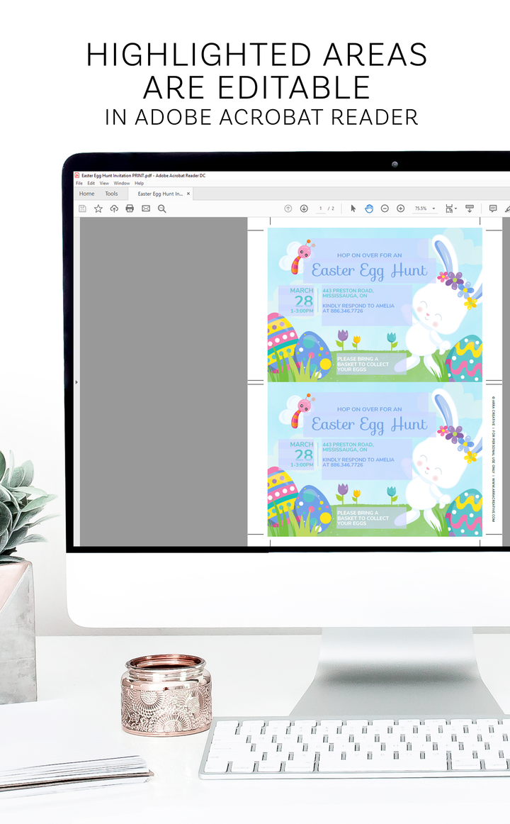 Printable Easter egg hunt invitation template with bunny, Easter eggs and butterfly design in pastel colors
