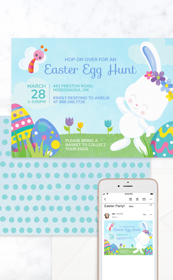 Printable Easter egg hunt invitation with bunny, Easter eggs and butterfly design in pastel colors