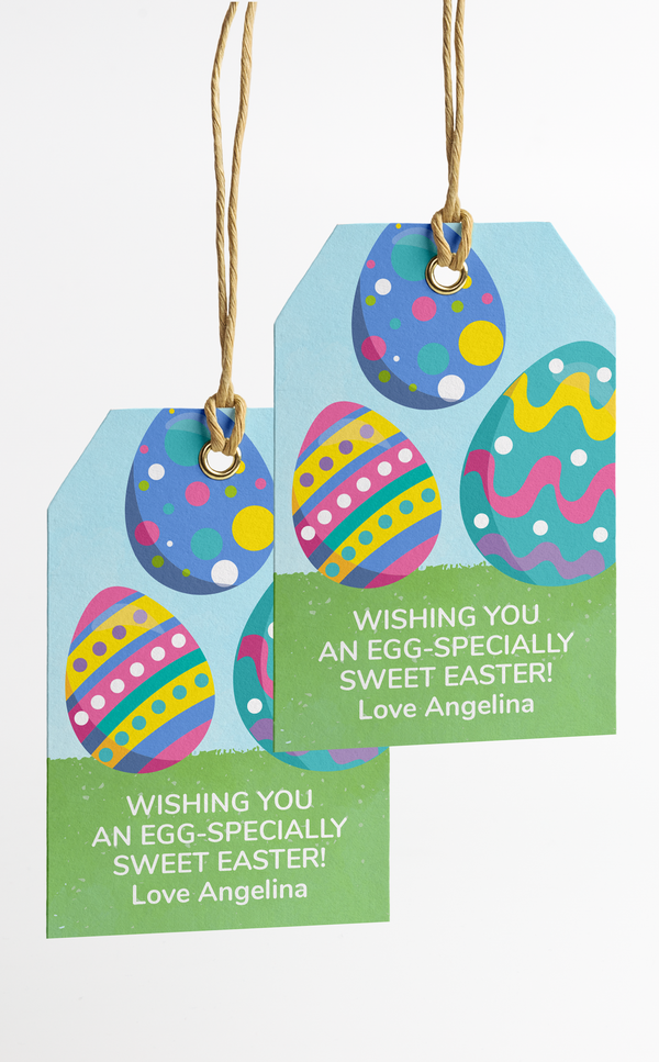 Printable Easter gift tags for kids you can personalize with Easter egg design in pastel colors