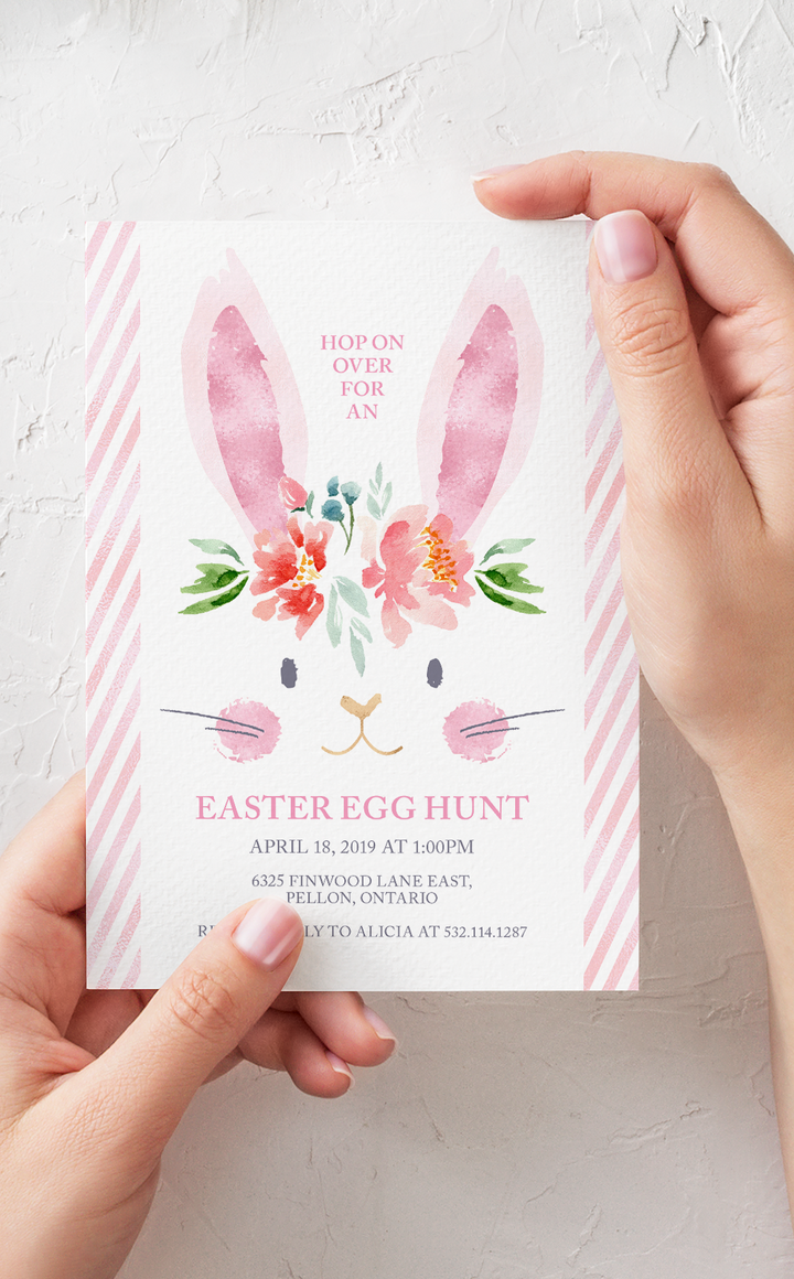 Pink bunny Easter egg hunt invitation template for kids Easter party