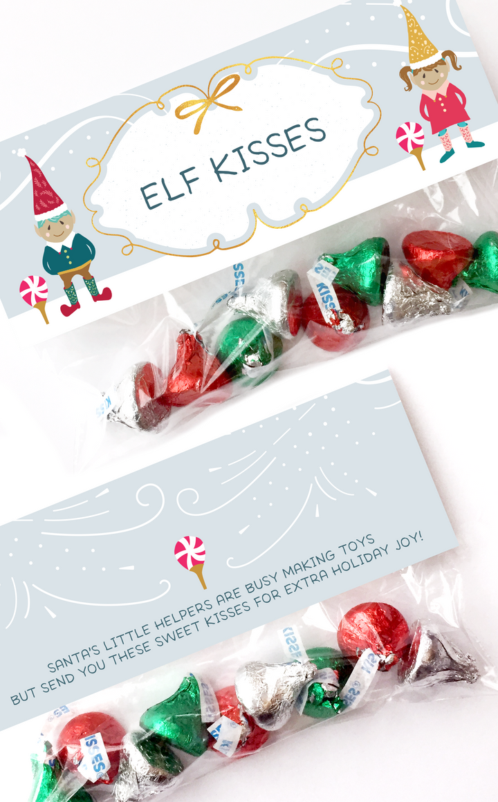 Elf Kisses treat bags for Christmas filled with Hershey kisses