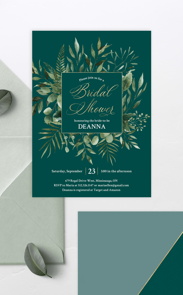 Emerald Green and Gold Bridal Shower Invitation | Printable Template - ARRA Creative