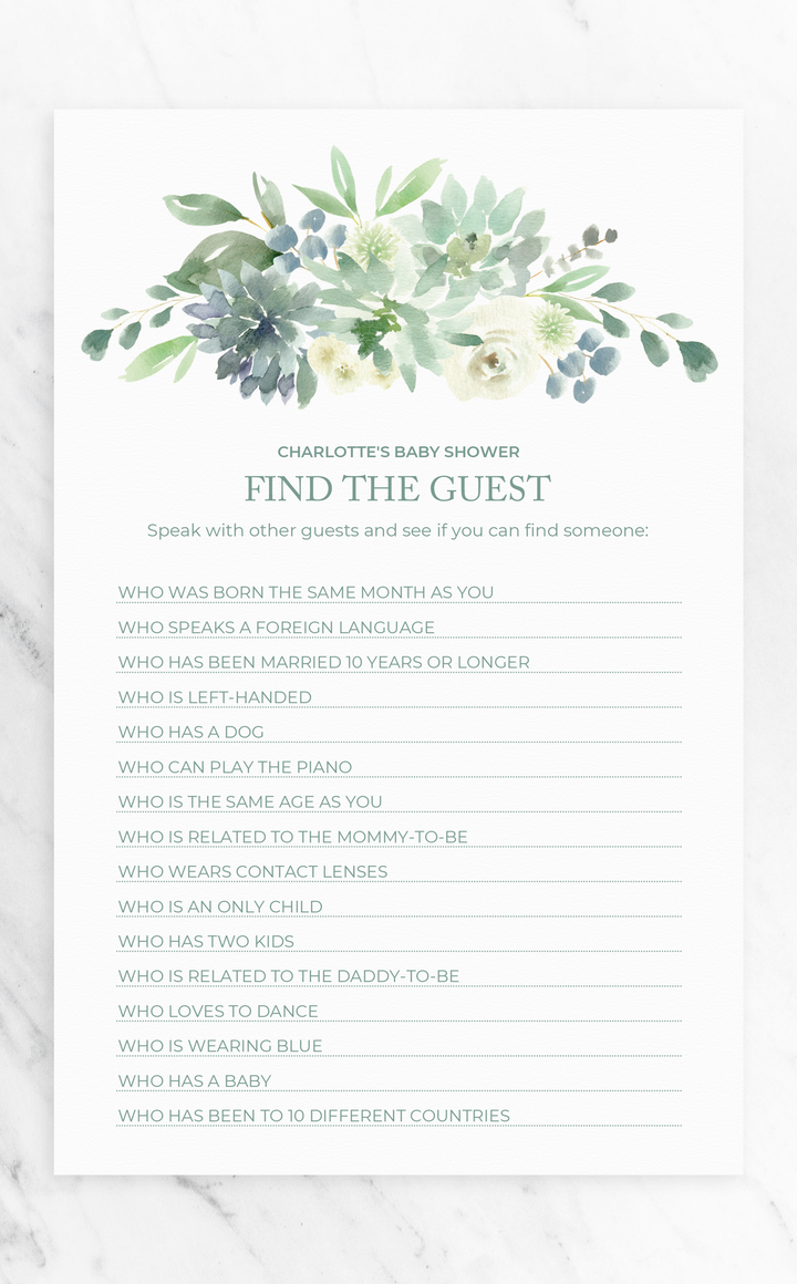 Succulent Find the Guest Baby Shower Game - ARRA Creative