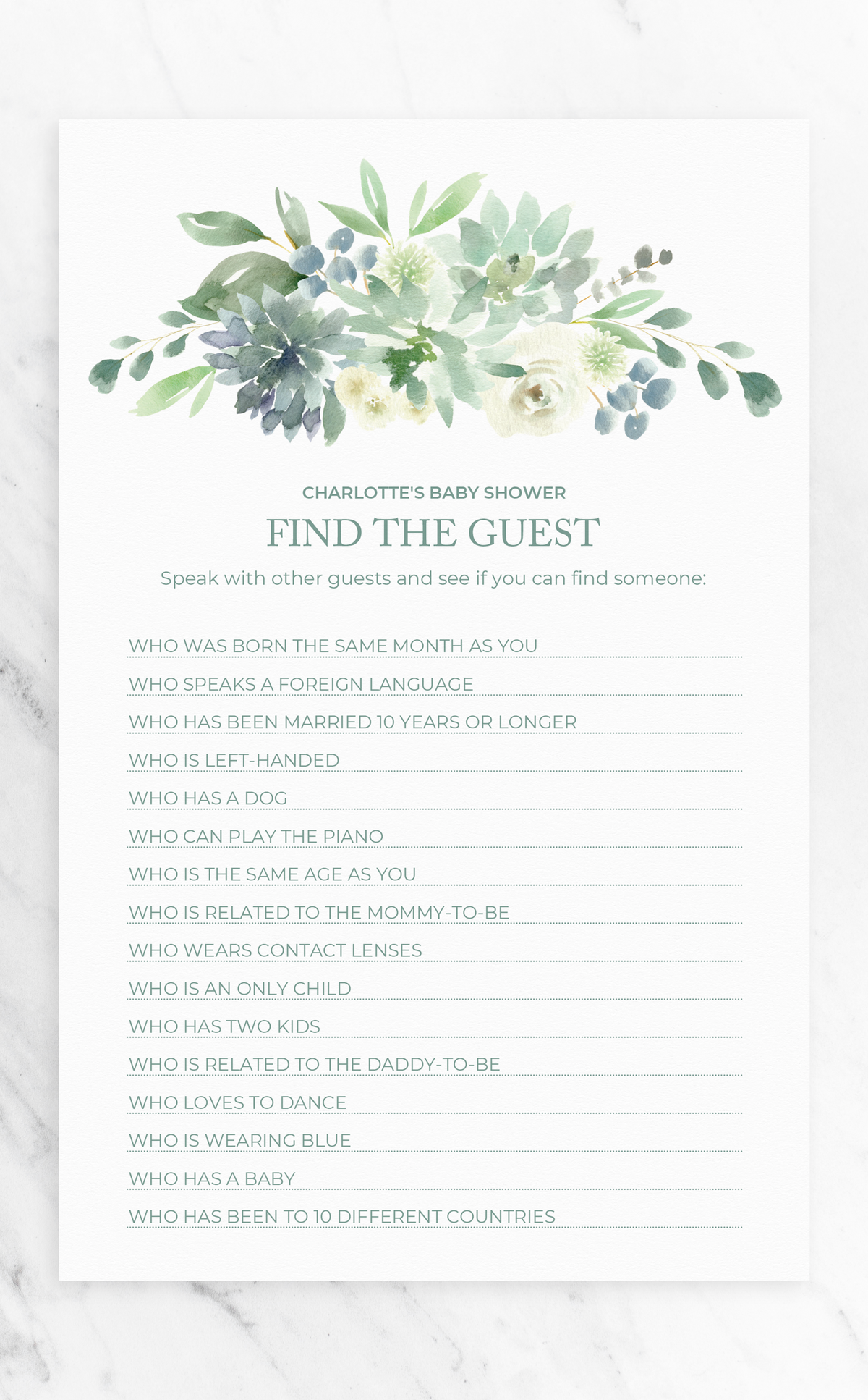 Printable Succulent Baby Shower Game