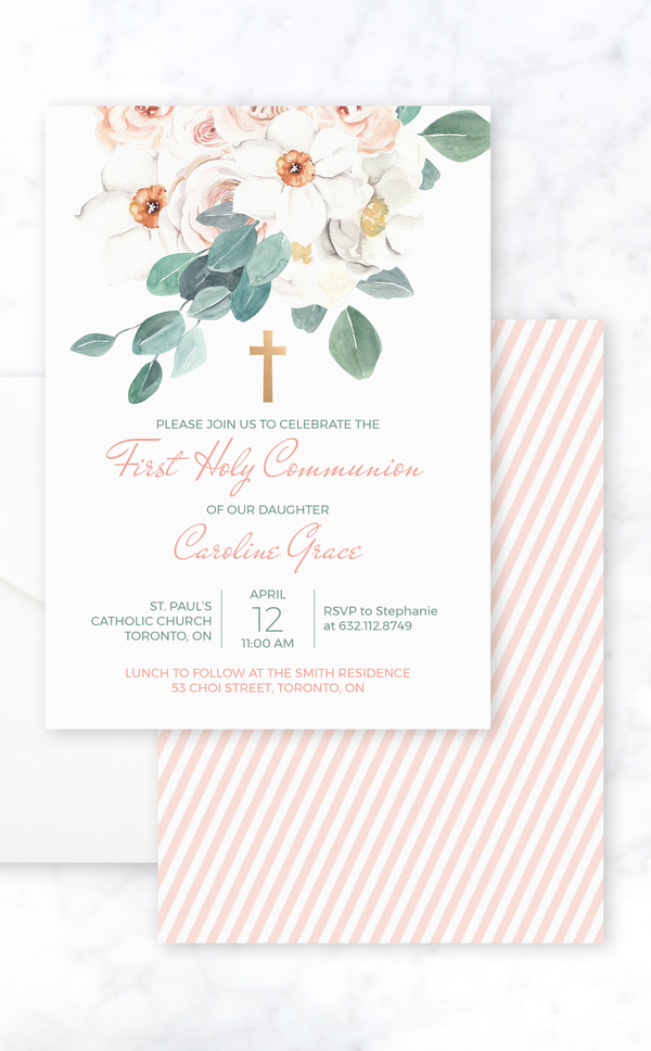 Printable First Holy Communion invitation with light pink floral bouquet, greenery and gold cross design