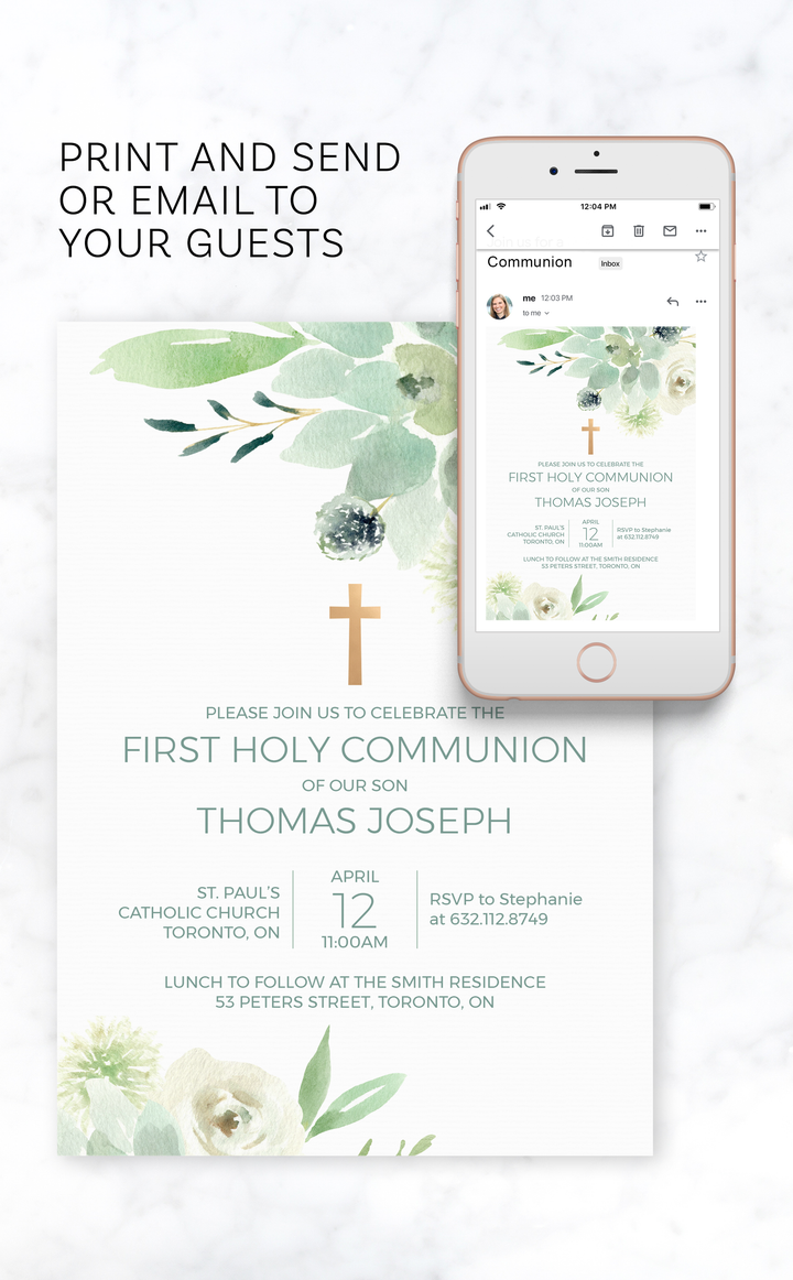 Printable First Holy Communion invitation with succulents, greenery and gold cross design