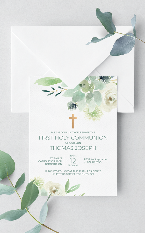 Printable First Holy Communion invitation with succulents, greenery and gold cross design