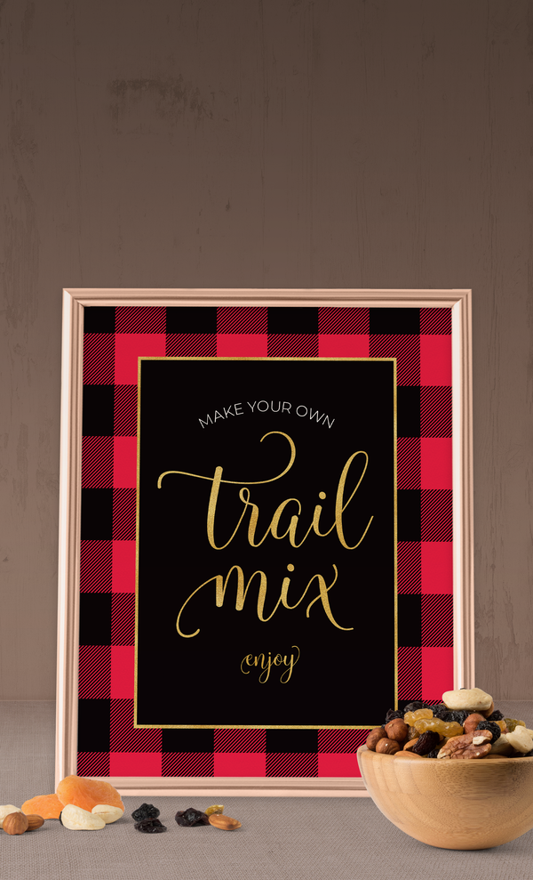Buffalo plaid make your own trail mix bar sign for Flannel bridal shower