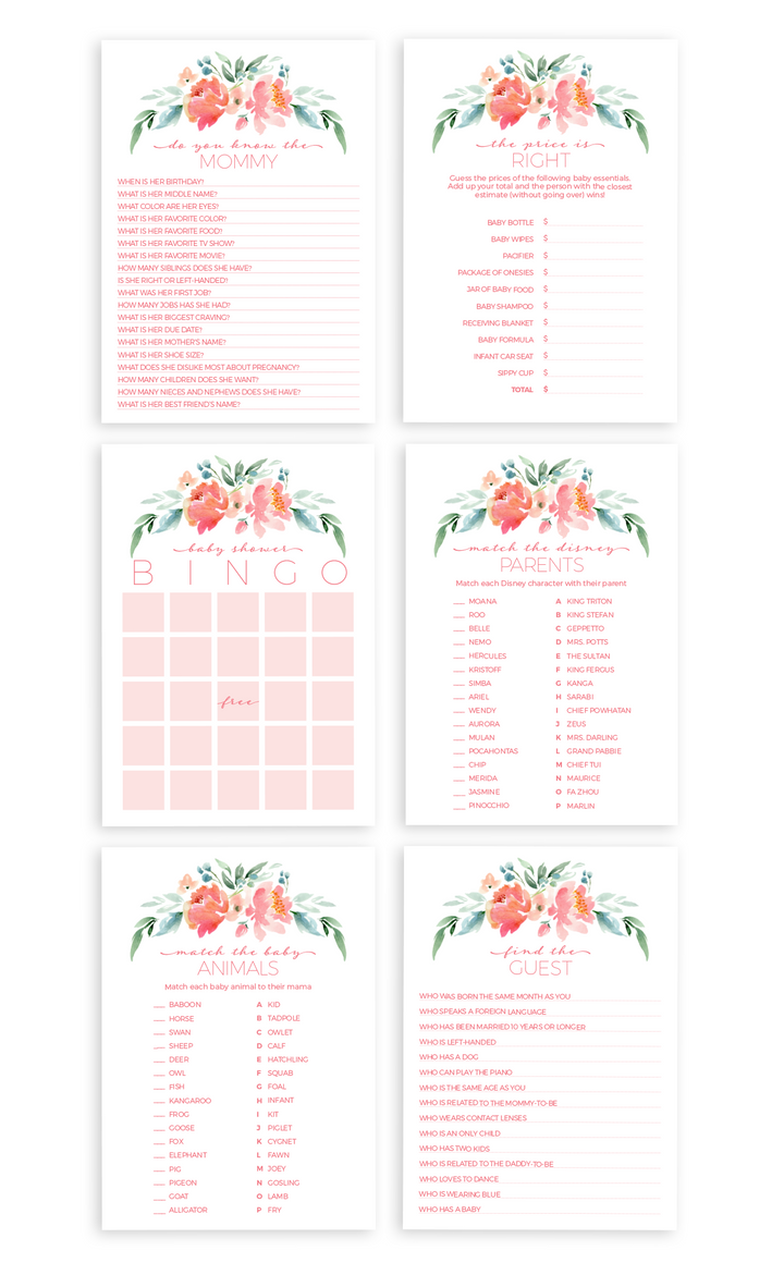 Floral Baby Shower Games Package - ARRA Creative