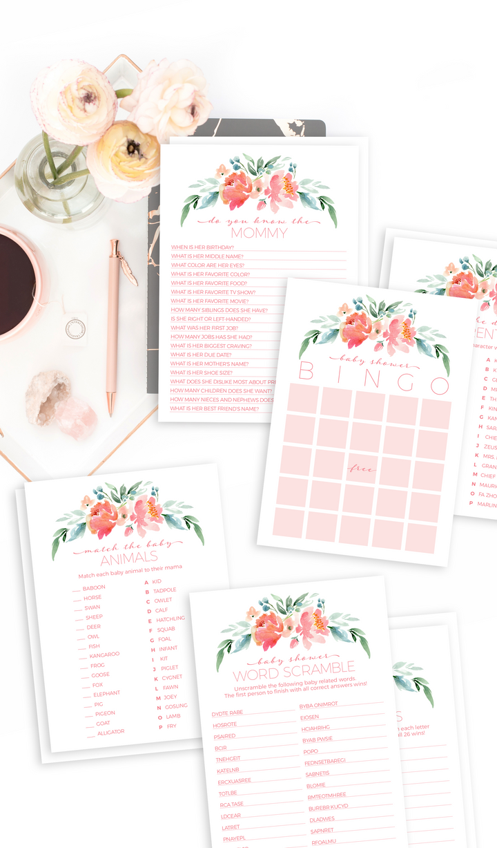Printable set of 10 pink floral Baby Shower games