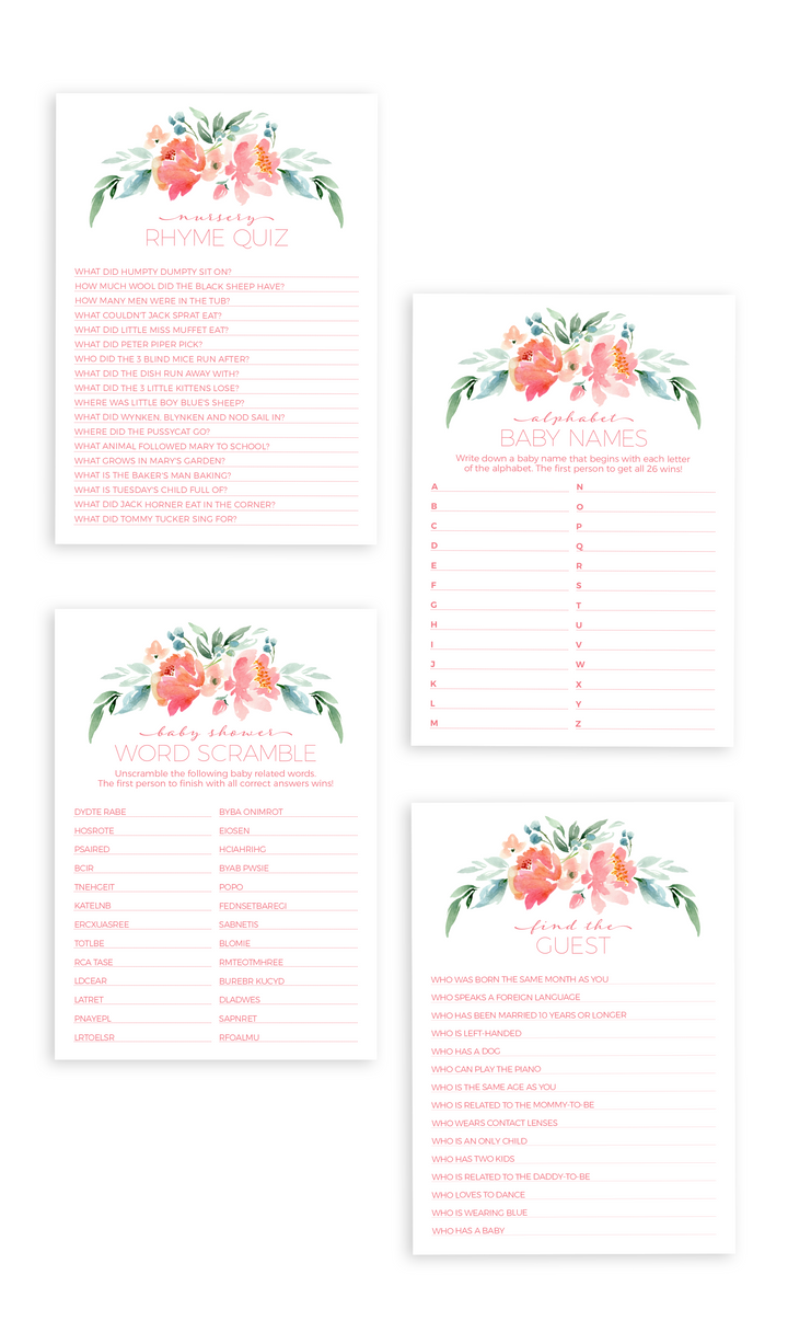 Floral Baby Shower Games Package - ARRA Creative